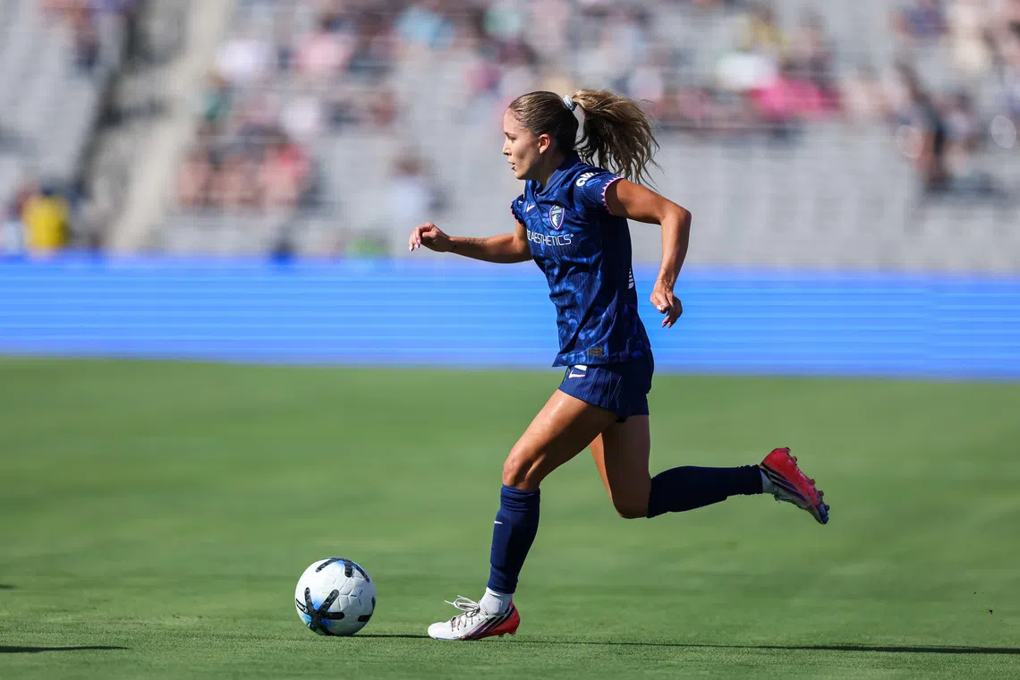 Sep 12, 2026; San Diego, California, USA;  North Carolina Courage midfielder Ashley Sanchez (2) moves the ball during the first half against San Diego Wave FC at Snapdragon Stadium.  Mandatory Credit: Chadd Cady-Imagn Images