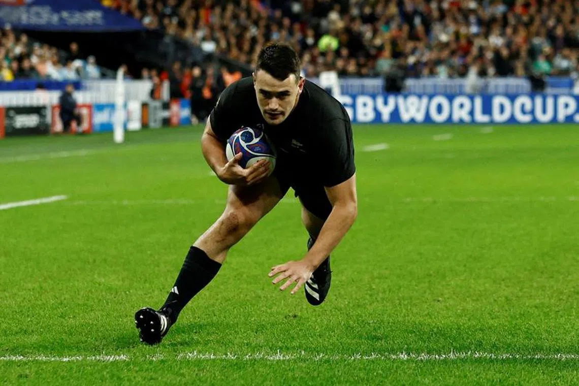 FILE PHOTO: Rugby Union - Rugby World Cup 2023 - Semi Final - Argentina v New Zealand - Stade de France, Saint-Denis, France - October 20, 2023 New Zealand's Will Jordan scores their first try REUTERS/Gonzalo Fuentes/File Photo