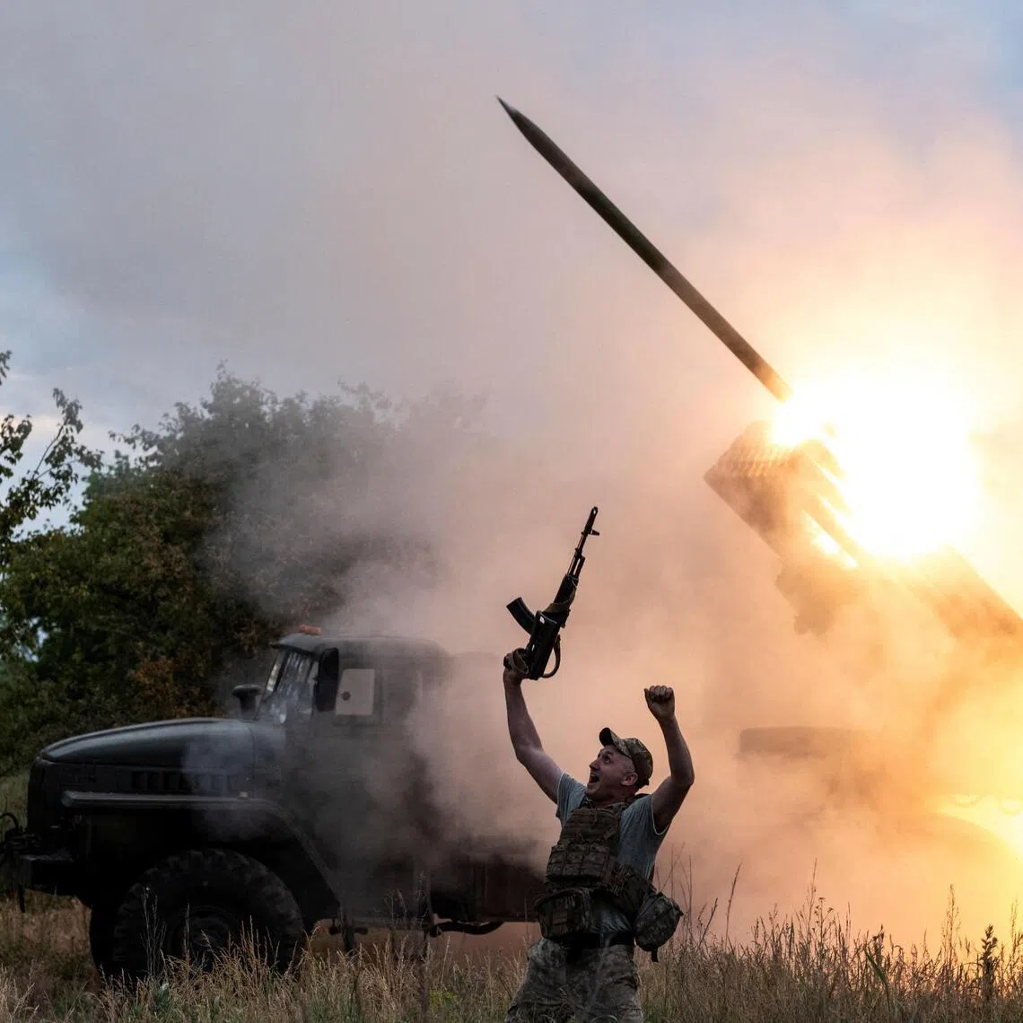 A Ukrainian serviceman and his colleagues firing a BM-21 Grad multiple launch rocket system towards Russian troops, near the front-line town of Kostiantynivka, Ukraine, on June 4.