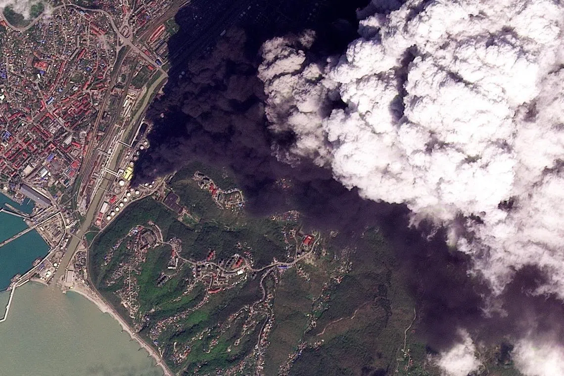 A satellite image of smoke rising after, according to Ukraine's military, an overnight strike on an oil refinery hit reservoir tank storage and started a fire in Tuapse, Krasnodar Krai, Russia, April 20, 2026. 2026 Planet Labs PBC/Handout via REUTERS