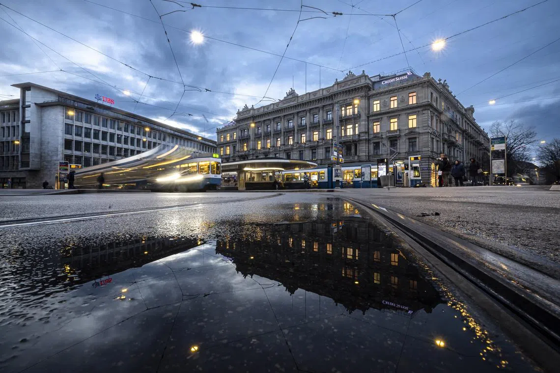The headquarters of the Swiss banks Credit Suisse and UBS in Zurich, Switzerland;