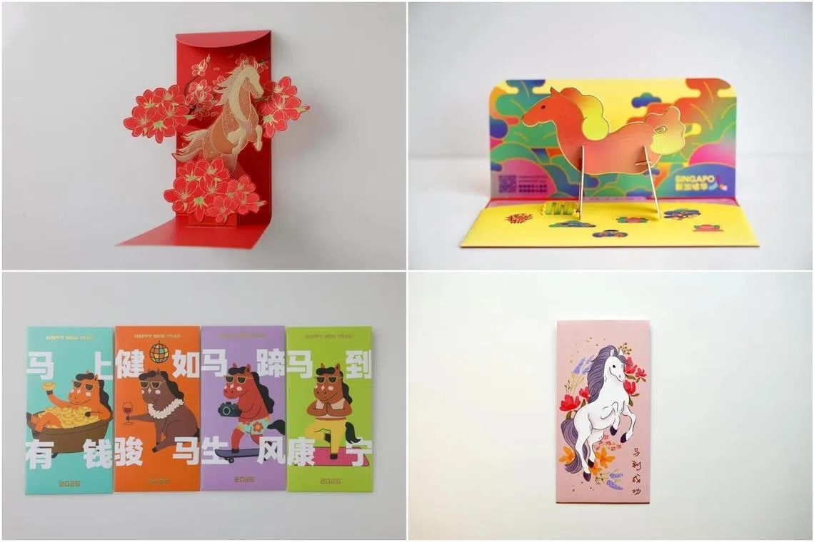 (Clockwise from top left) Red packets from EFG, , Singapore Chinese Cultural Centre, Papercranes Design and Lyf.