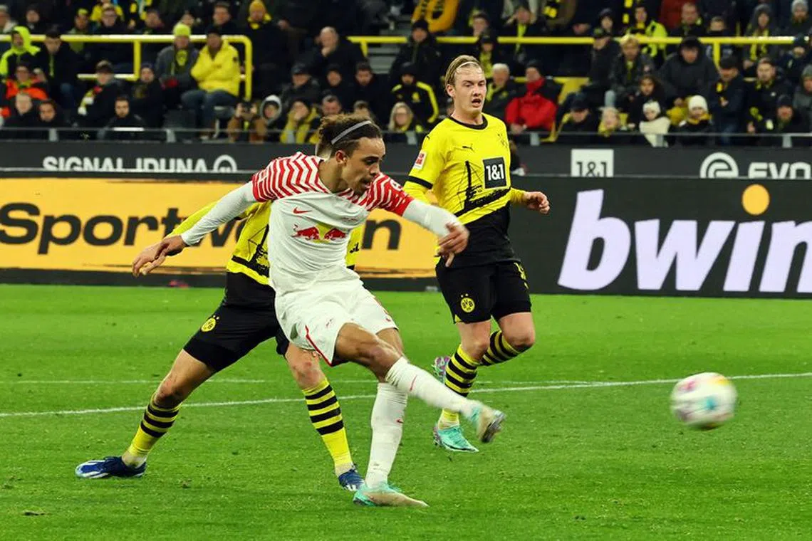 Soccer Football - Bundesliga - Borussia Dortmund v RB Leipzig - Signal Iduna Park, Dortmund, Germany - December 9, 2023 RB Leipzig's Yussuf Poulsen scores their third goal REUTERS/Wolfgang Rattay