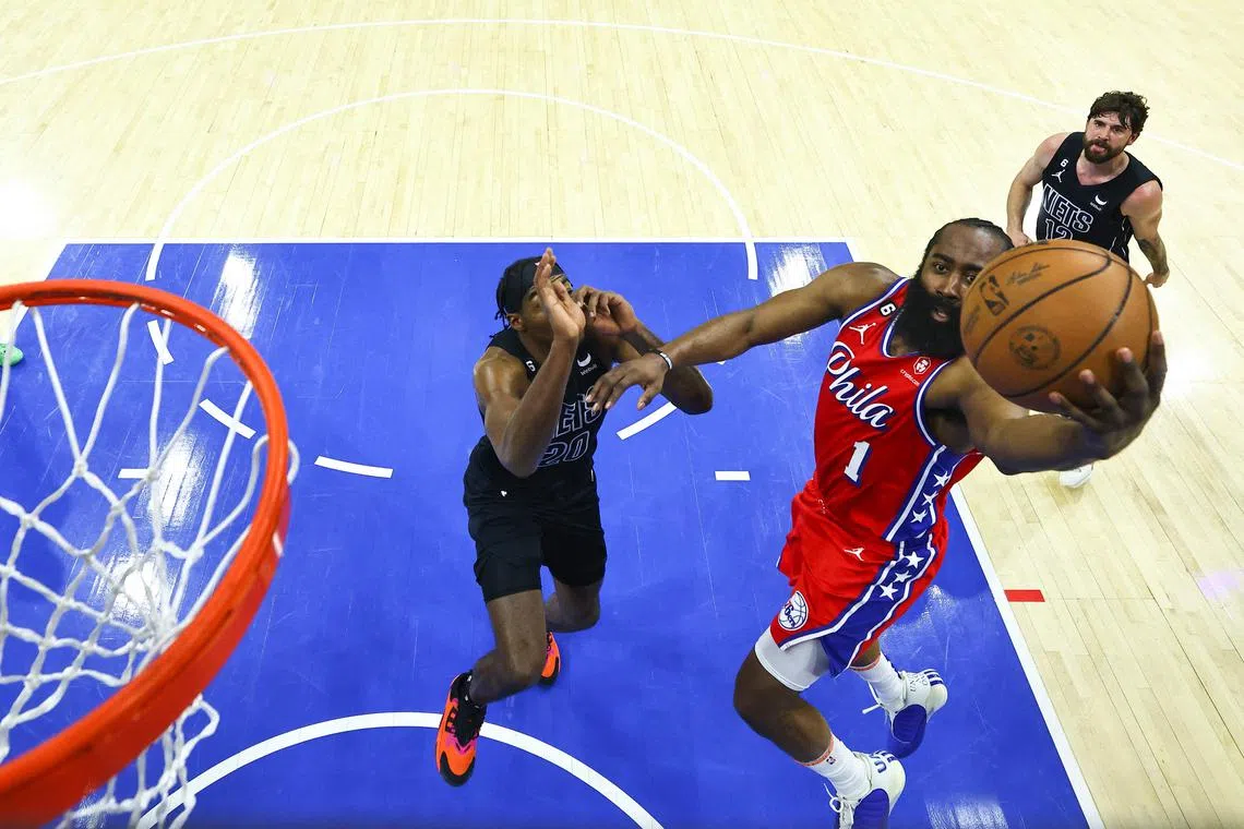 James Harden of the Philadelphia 76ers shoots the ball against Day'Ron Sharpe of the Brooklyn Nets in the second quarter during Game 1 of the NBA play-offs.