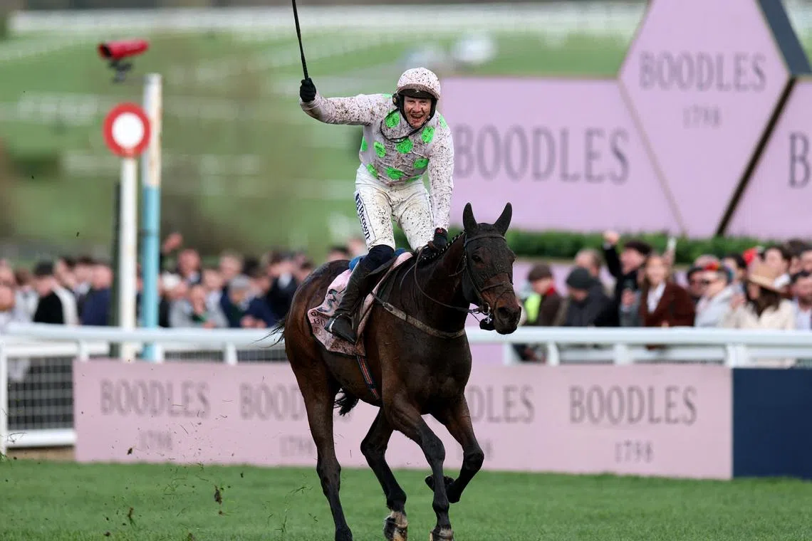 Horse Racing - Cheltenham Festival - Cheltenham Racecourse, Cheltenham, Britain - March 13, 2026 Gaelic Warrior ridden by Paul Townend celebrates after passing the post to win the 16:00 Boodles Cheltenham Gold Cup Chase Action Images via Reuters/Andrew Boyers