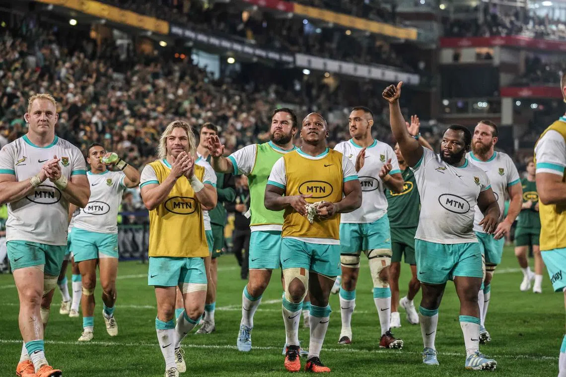 South Africa's players acknowledge the crowd at the end of the match against Ireland at Kings Park stadium in Durban on July 13, 2024. 