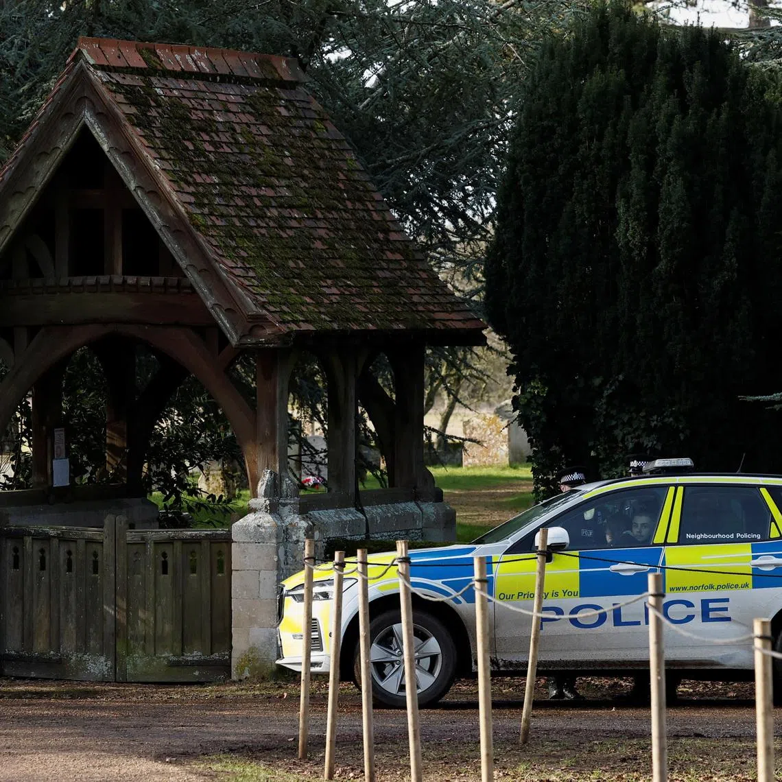 A police vehicle outside Sandringham Estate, as Andrew Mountbatten-Windsor, younger brother of Britain's King Charles, formerly known as Prince Andrew, was released under investigation following arrest on suspicion of misconduct in public office on Thursday, after the U.S. Justice Department released more records tied to the late financier and convicted sex offender Jeffrey Epstein, in Norfolk, Britain, February 22, 2026. REUTERS/Benoit Tessier