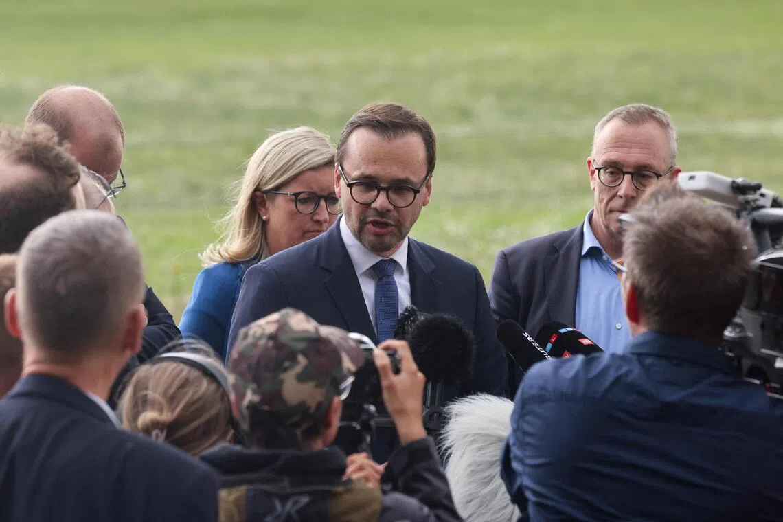 Brandenburg state minister Jan Redmann speaking to the media on Sept 1, after explosive devices were found at a substation in Turnow-Preilack, Germany.