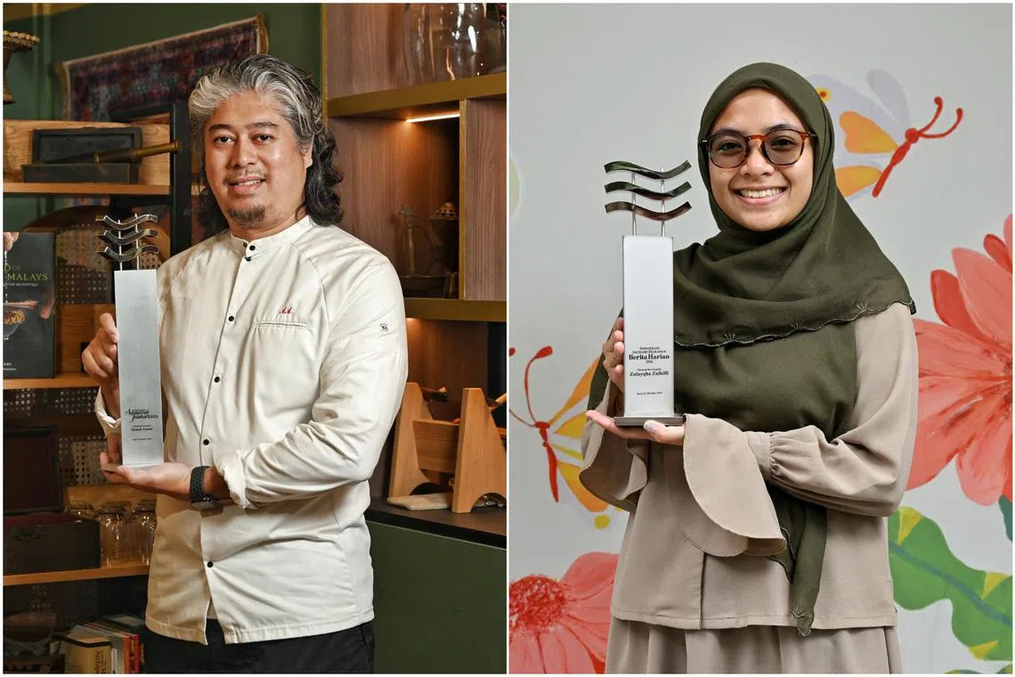 Berita Harian's Achiever of the Year Award recipient Akmal Anuar (left) and Young Achiever of the Year Award recipient Zulayqha Zulkifli.