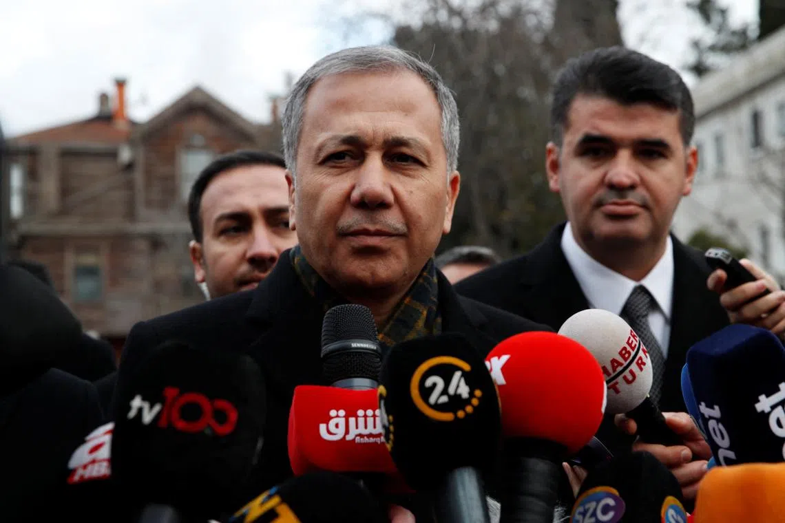 Turkish Interior Minister Ali Yerlikaya talks to the media after visiting the Italian Santa Maria Catholic Church in Istanbul, Turkey January 28, 2024. REUTERS/Dilara Senkaya/ File Photo