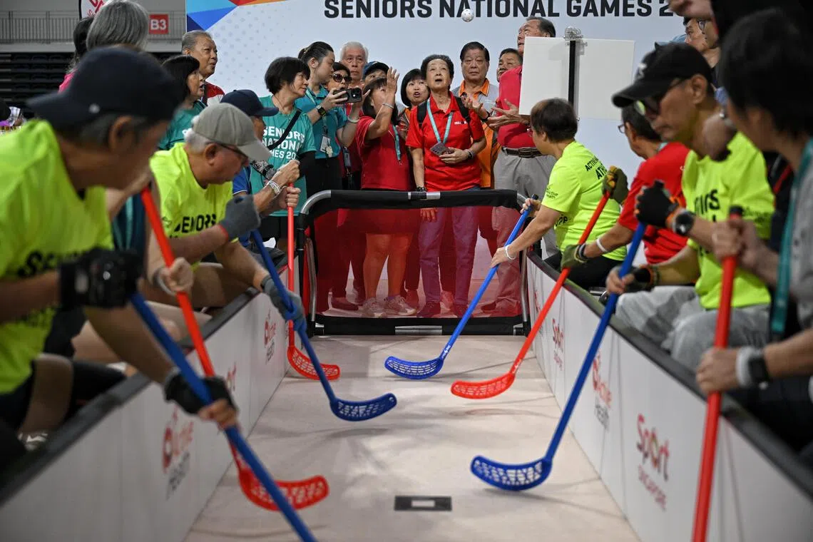 The finals of the seated floor ball segment at the 2026 Seniors National Games, held at the OCBC Arena on Aug 4.