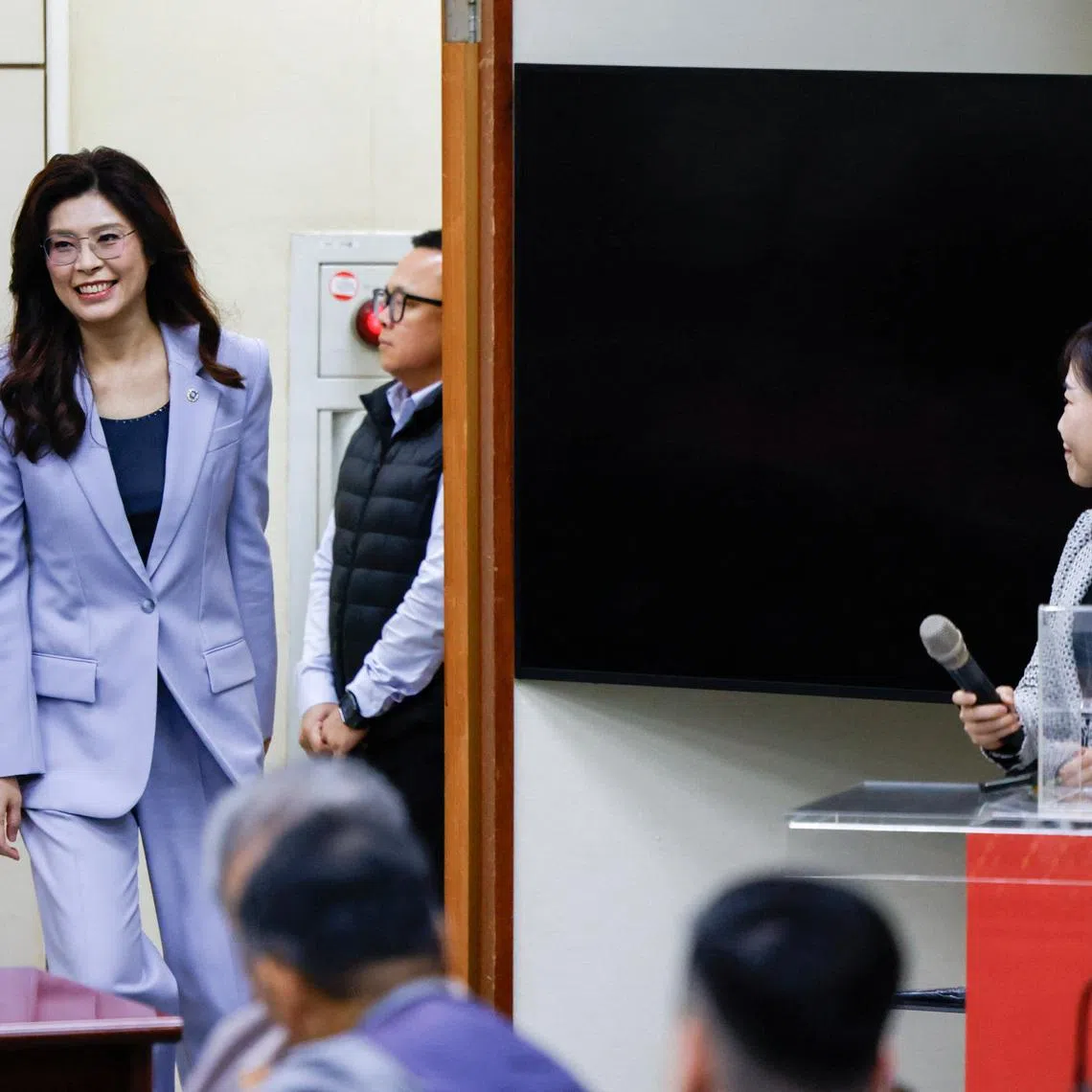 Kuomintang (KMT) Chairperson Cheng Li-wun arrives to speak to the media ahead of her trip to China, in Taipei, Taiwan April 7, 2026. REUTERS/Ann Wang