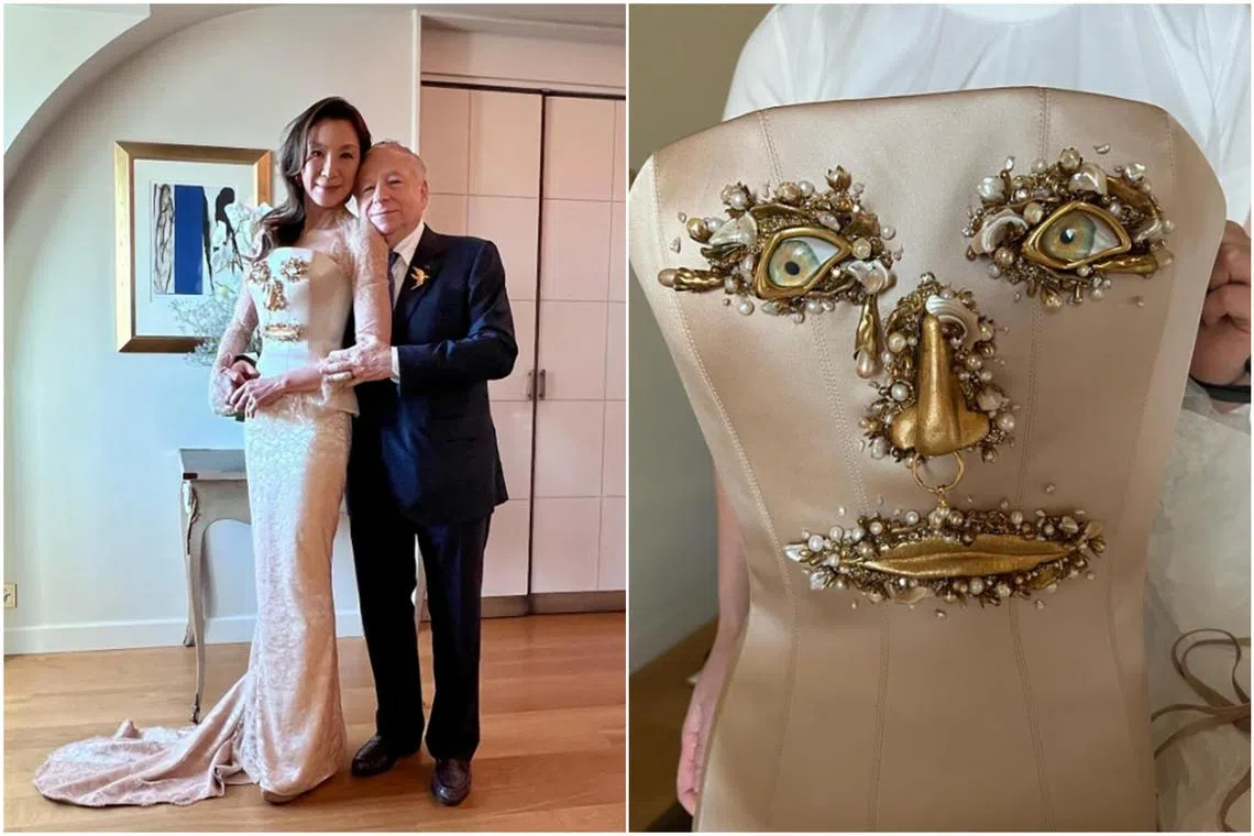 The attention-grabbing wedding outfit was designed by French fashion house, Schiaparelli.