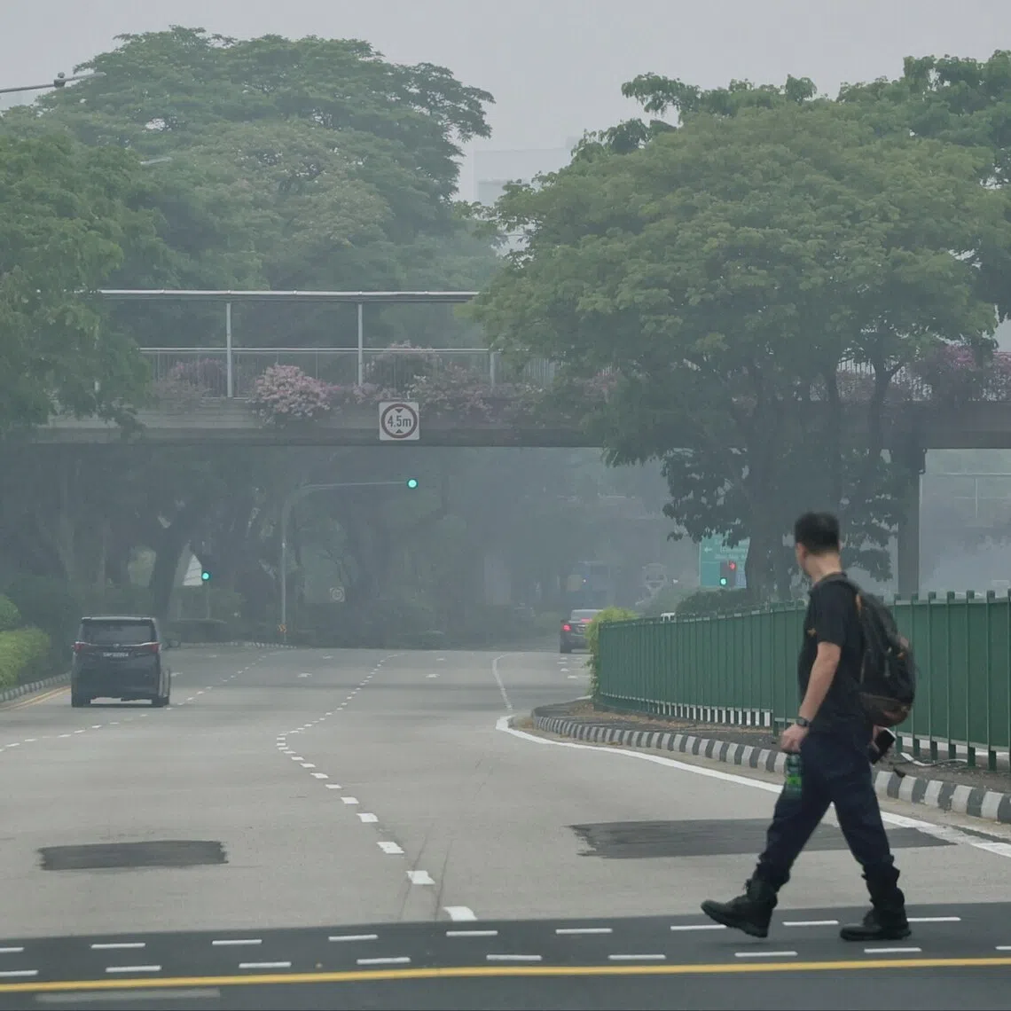 A pedestrian crossing a traffic junction along Clementi Road in hazy conditions at 1.05pm on Oct 14.