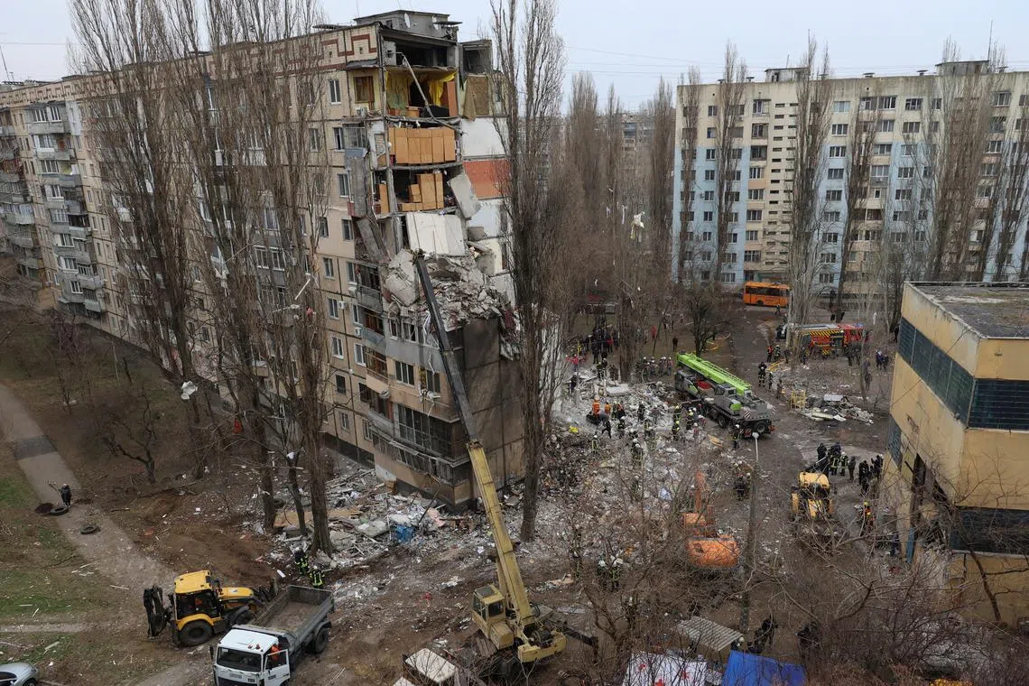 A general view shows an apartment building heavily damaged by a Russian drone strike, amid Russia's attack on Ukraine, in Odesa, Ukraine March 2, 2024. REUTERS/Stringer