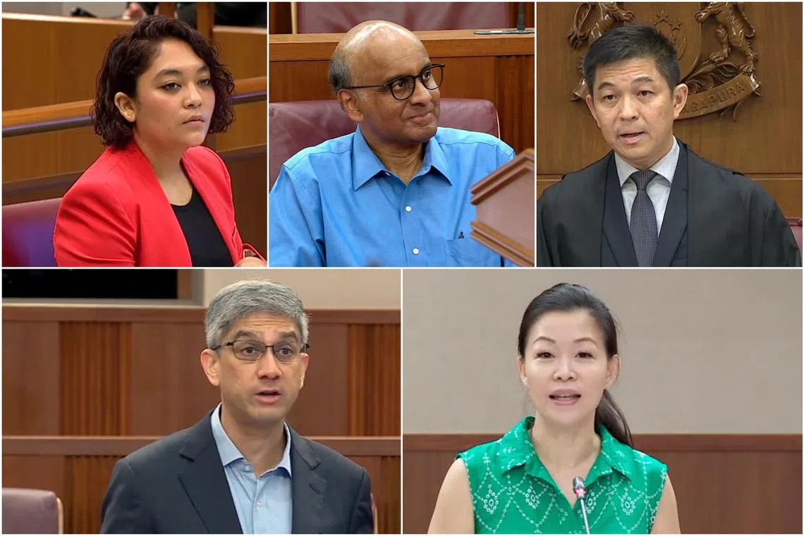 (Clockwise from top left) Former WP MP Raeesah Khan, former senior minister Tharman Shanmugaratnam, former Speaker of Parliament and Marine Parade GRC MP Tan Chuan-Jin, former Tampines GRC MP Cheng Li Hui and former Aljunied GRC MP Leon Perera had resigned from their respective posts.