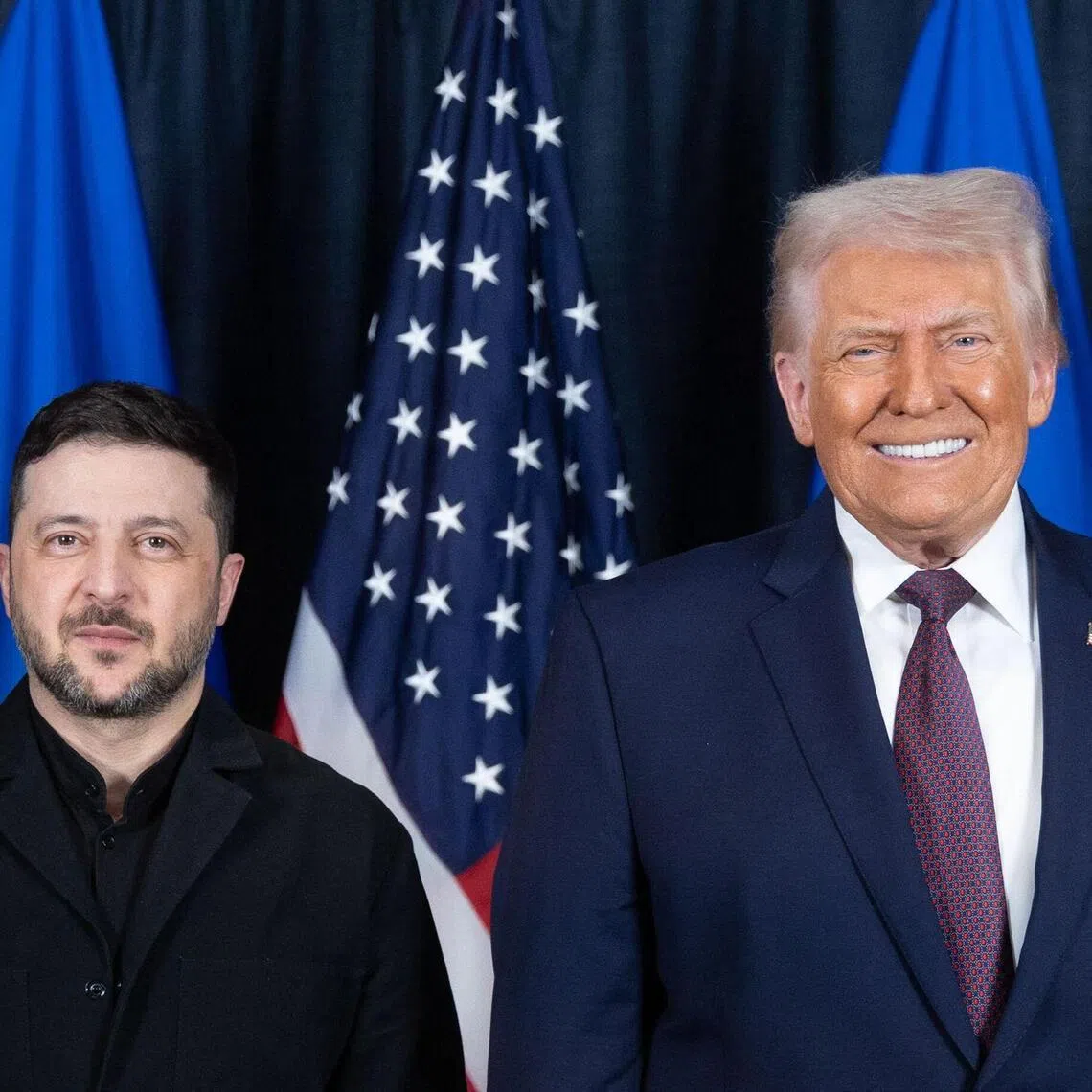 Ukrainian President Volodymyr Zelensky (left) and US President Donald Trump posing for a photo during their meeting on the sidelines of the World Economic Forum in Davos.