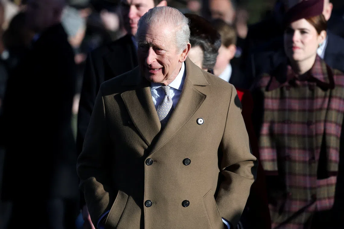 Britain's King Charles, along with members of the royal family, arrives to attend the Royal Family's Christmas Day service at St. Mary Magdalene's church, as the royals take residence at the Sandringham estate in eastern England, Britain, December 25, 2025. REUTERS/Hannah McKay