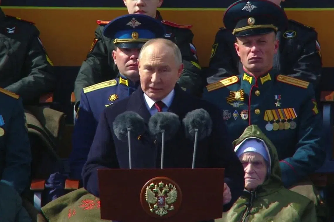 Russian President Vladimir Putin delivers a speech during a military parade on Victory Day, which marks the 79th anniversary of the victory over Nazi Germany in World War Two, in Red Square in Moscow, Russia, May 9, 2024, in this still image taken from live broadcast video. Kremlin.ru/Handout via REUTERS