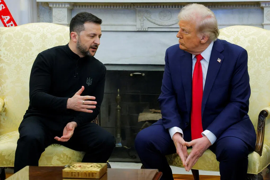 US President Donald Trump meets with Ukrainian President Volodymyr Zelensky at the White House in Washington, on Feb 28, 2025.