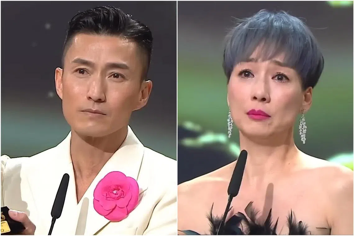 Joel Chan (left) and Elena Kong at the TVB Awards in Hong Kong, on Dec 8, 2023.