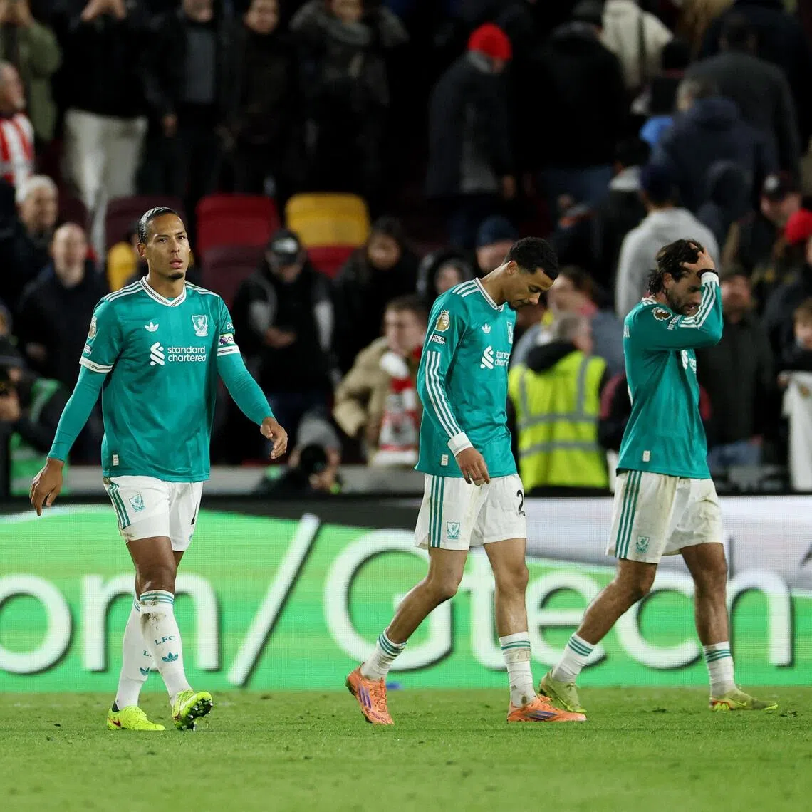 Liverpool's Virgil van Dijk, Mohamed Salah, Hugo Ekitike and Dominik Szoboszlai looking dejected after the Oct 25 match.