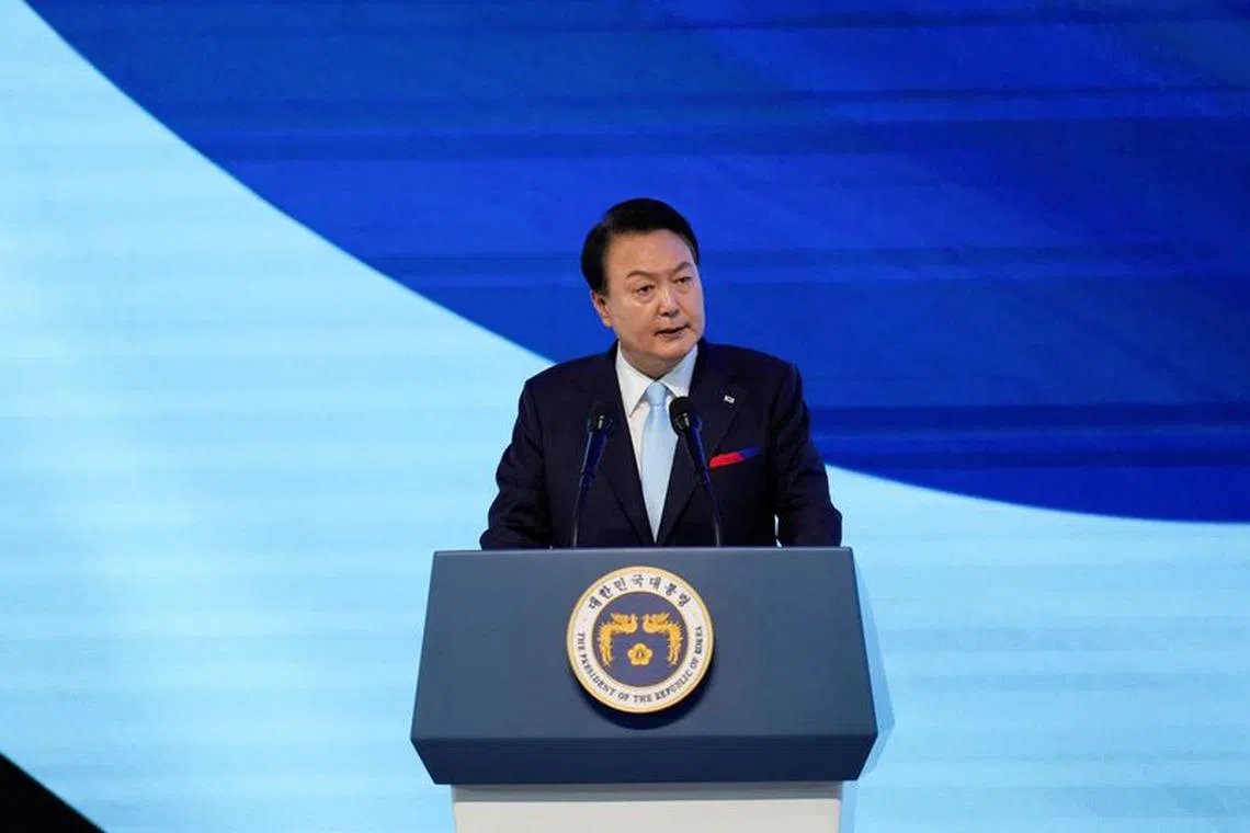 FILE PHOTO: South Korean President Yoon Suk Yeol delivers a speech in Seoul, South Korea, Tuesday, Aug. 15, 2023.     Lee Jin-man/Pool via REUTERS/File Photo
