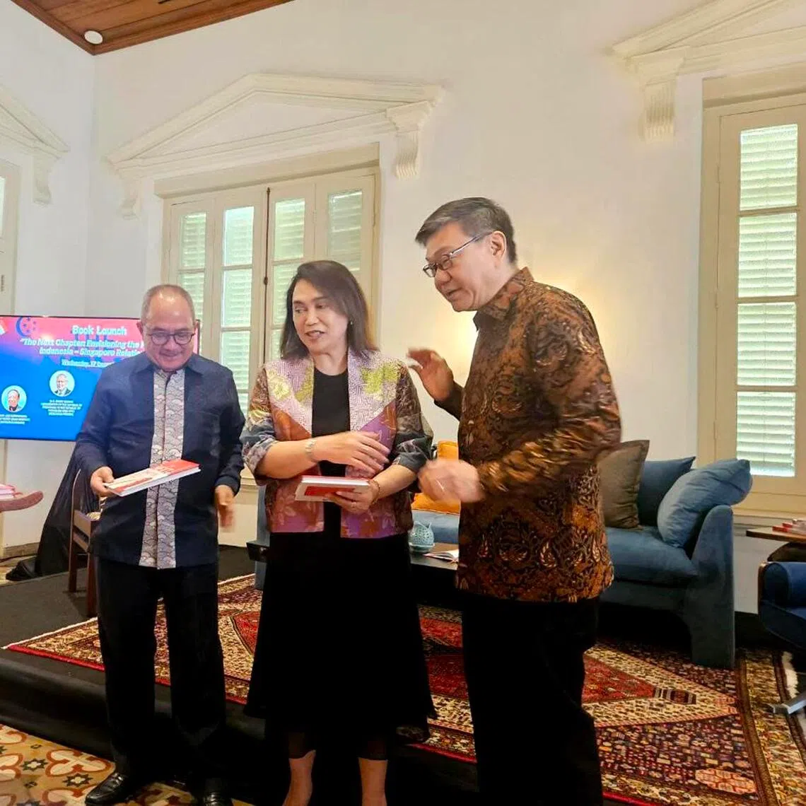 (From right) Singapore Ambassador to Indonesia Kwok Fook Seng, Ms Zelda Wulan Kartika, special staff member to Indonesia’s Foreign Minister for economic diplomacy, and Indonesia’s Ambassador to Singapore Suryo Pratomo at the launch of The Next Chapter: Envisioning The Future Of Indonesia-Singapore Relations in Jakarta.