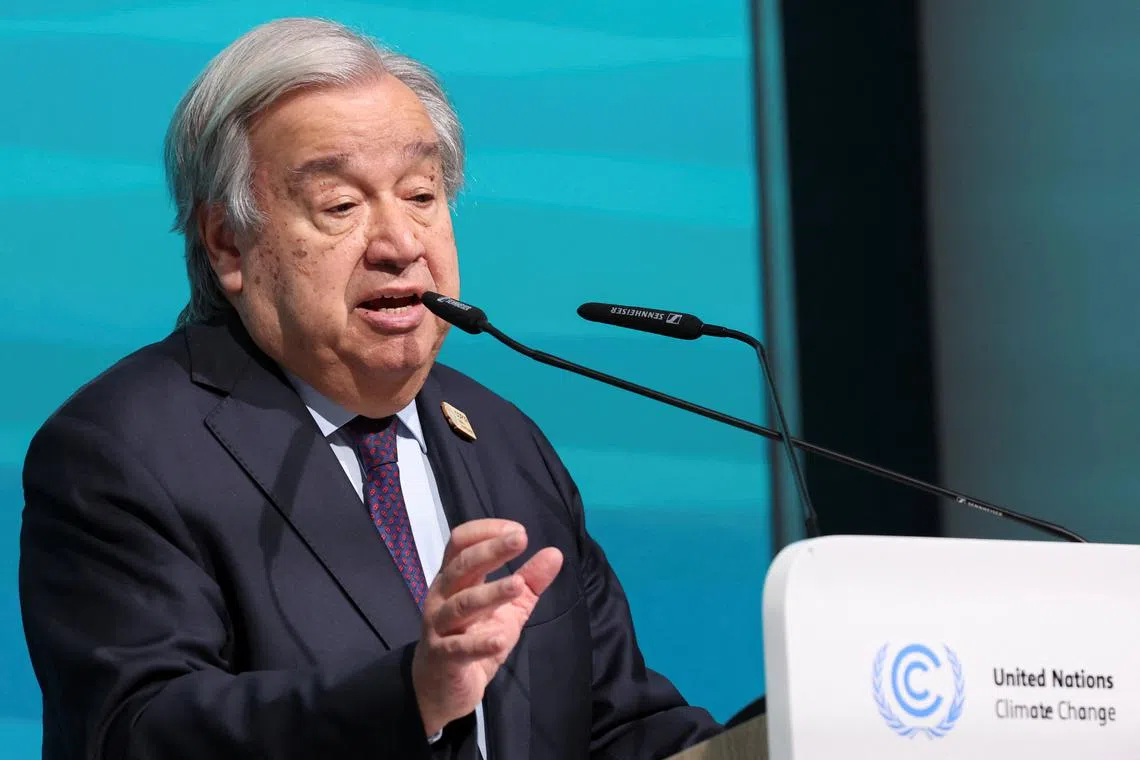 FILE PHOTO: United Nations Secretary-General Antonio Guterres speaks at a press conference during the COP29 UN climate change conference in Baku, Azerbaijan November 21, 2024. REUTERS/Murad Sezer/File Photo