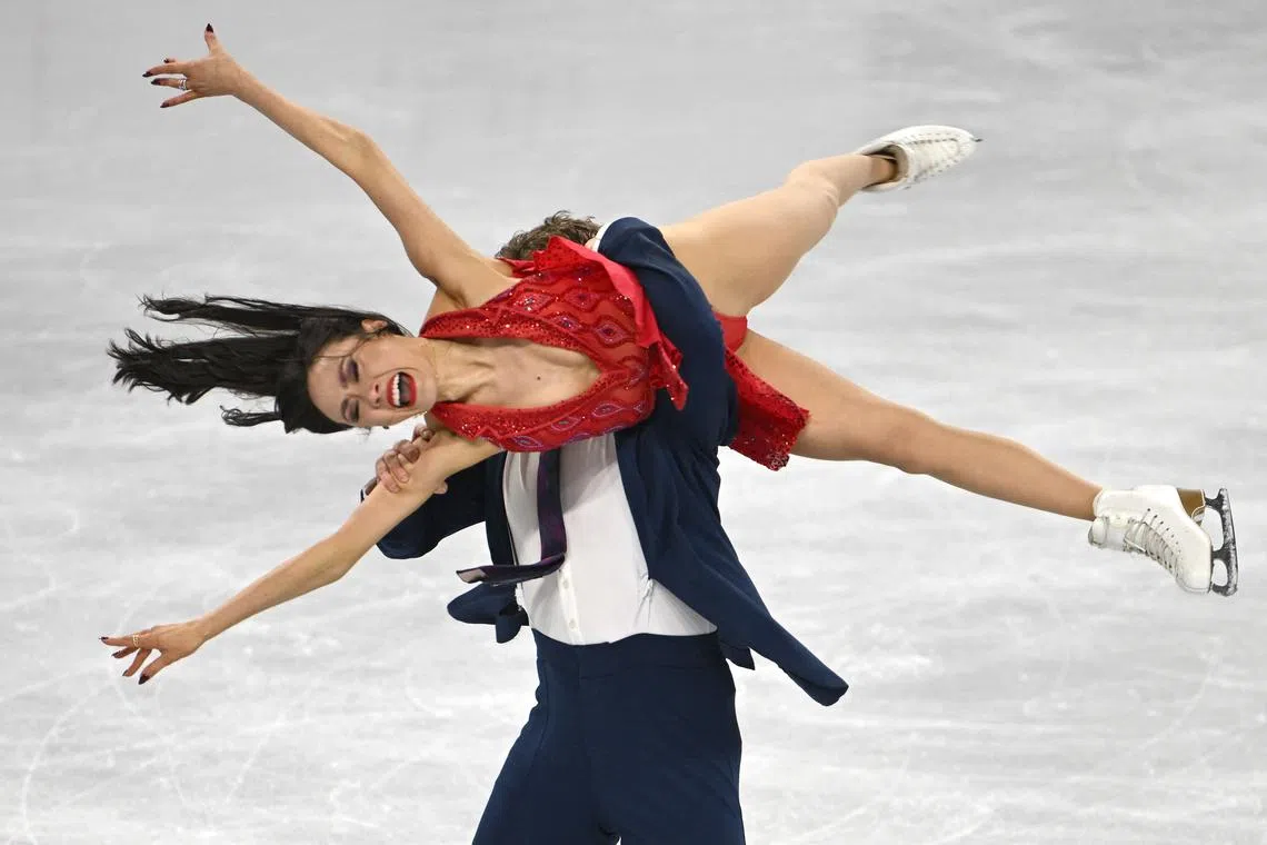Madison Chock and Evan Bates of the United States competing during the ice dance rhythm dance event at the ISU Four Continents Figure Skating Championships 2025 in Seoul, on Feb 20, 2025. 
