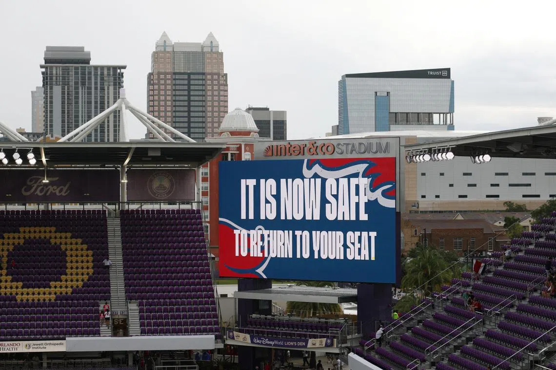 Soccer Football - International Friendly - England v Costa Rica - Inter&Co Stadium, Orlando, Florida, U.S. - June 10, 2026 A big screen inside the stadium displays a message as the scheduled start of the match is delayed due to weather conditions IMAGN IMAGES via Reuters/Nathan Ray Seebeck