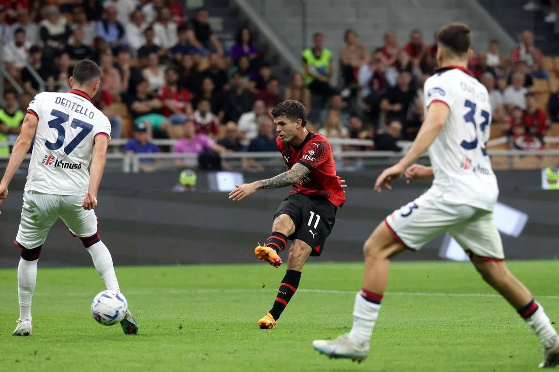 Christian Pulisic scoring AC Milan's final goal in their 5-1 Serie A drubbing of Cagliari in Milan on May 11, 2024.