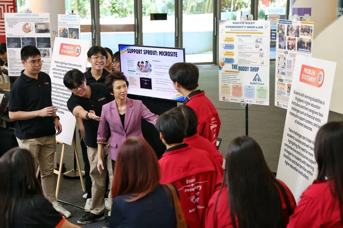 Senior Minister of State for Culture, Community and Youth Low Yen Ling speaking with students at the South West Community Inno Lab Symposium on May 19.