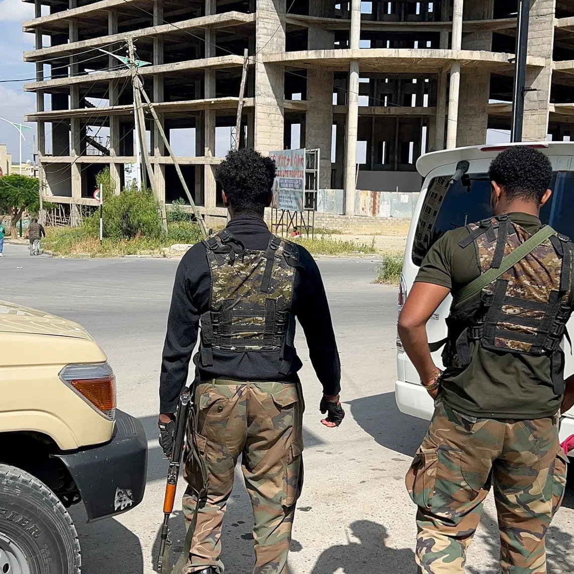 Members of the Ethiopian pro-government Tigray Peace Force (TPF) patrol after the Tigray People's Liberation Front (TPLF) army retreated from the regional capital Mekelle, Tigray Region, Ethiopia, October 6, 2026. Picture taken with a mobile phone. Obtained by REUTERS