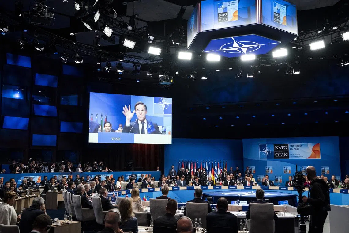 Nato secretary-general Mark Rutte delivering remarks at the alliance's summit in the Netherlands on June 25. 