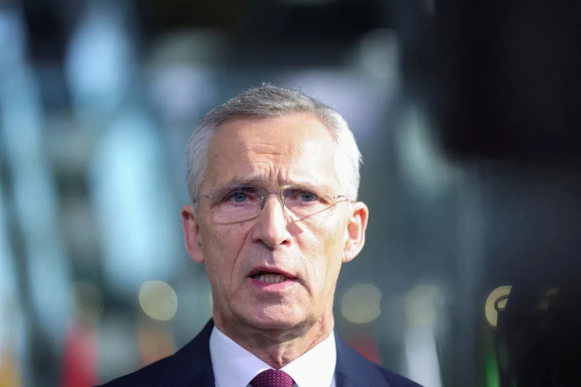 FILE PHOTO: NATO Secretary General Jens Stoltenberg speaks to the media on the day of the NATO defence ministers' meeting at the Alliance's headquarters in Brussels, Belgium June 13, 2024. REUTERS/Johanna Geron/File Photo
