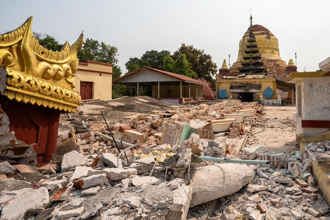 Rubble strewn around a damaged pagoda on March 29 after a strong earthquake struck near Mandalay, Myanmar, a day earlier.