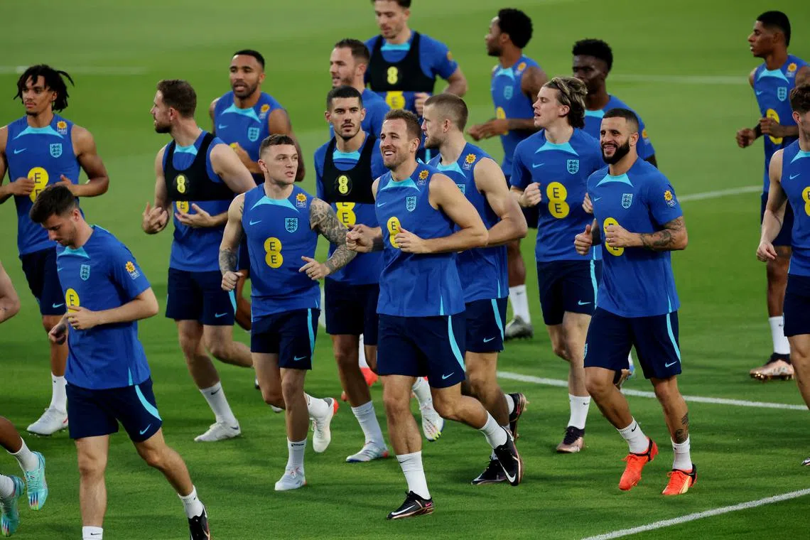 England captain Harry Kane leading his teammates during a training session at the Al Wakrah Stadium in Qatar.