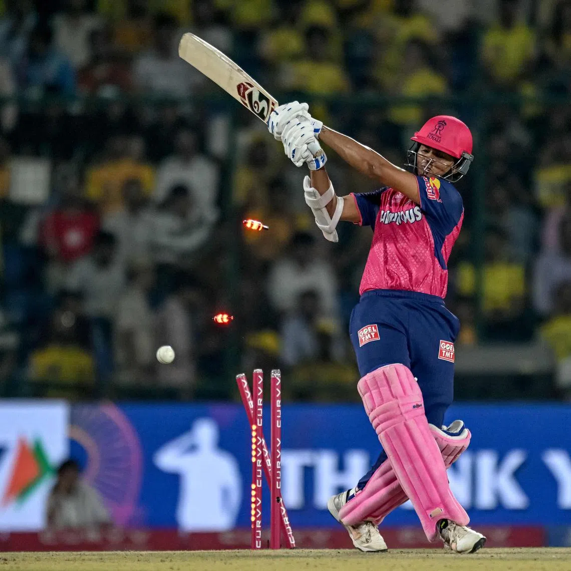 Rajasthan Royals' Yashasvi Jaiswal is bowled by Chennai Super Kings' Anshul Kamboj in their Indian Premier League T20 cricket match at the Arun Jaitley Stadium in New Delhi on May 20, 2025.