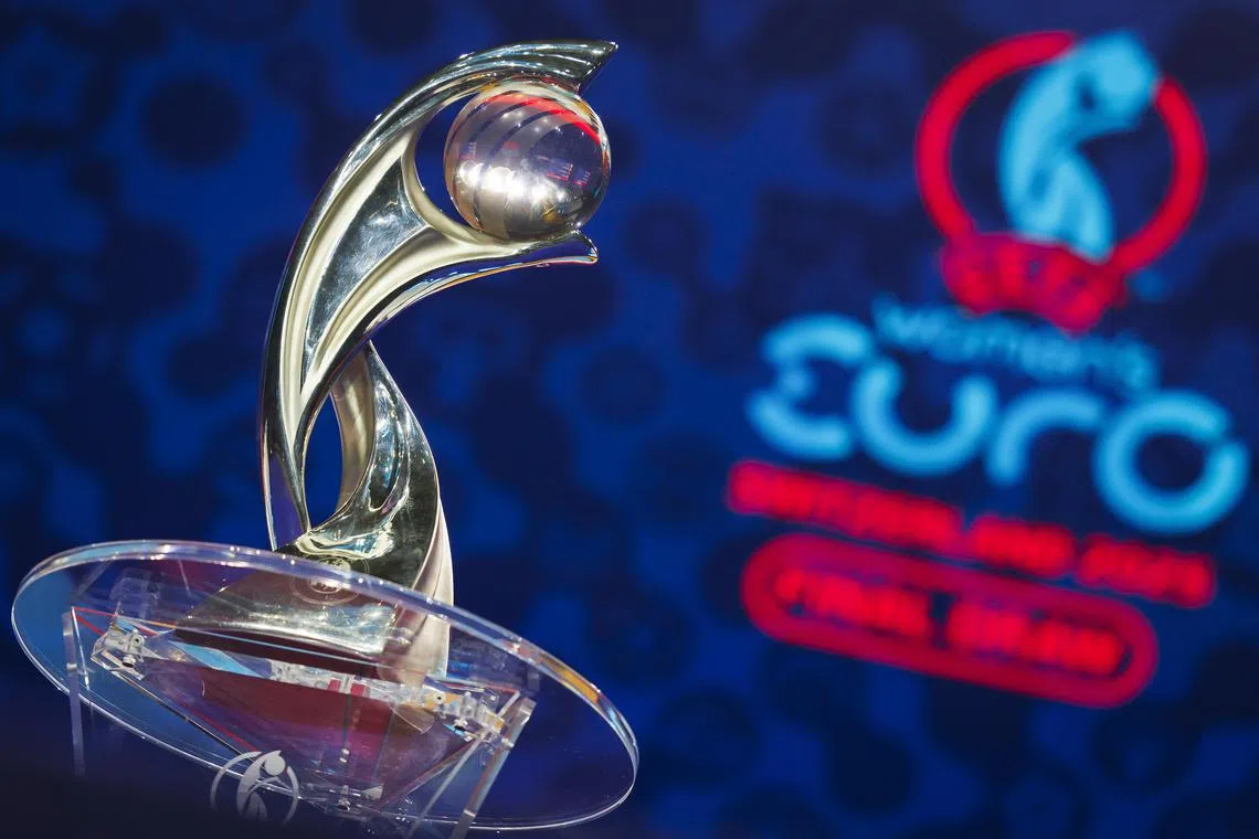 The trophy on display at the Women's Euro 2025 final draw, in Lausanne, Switzerland.