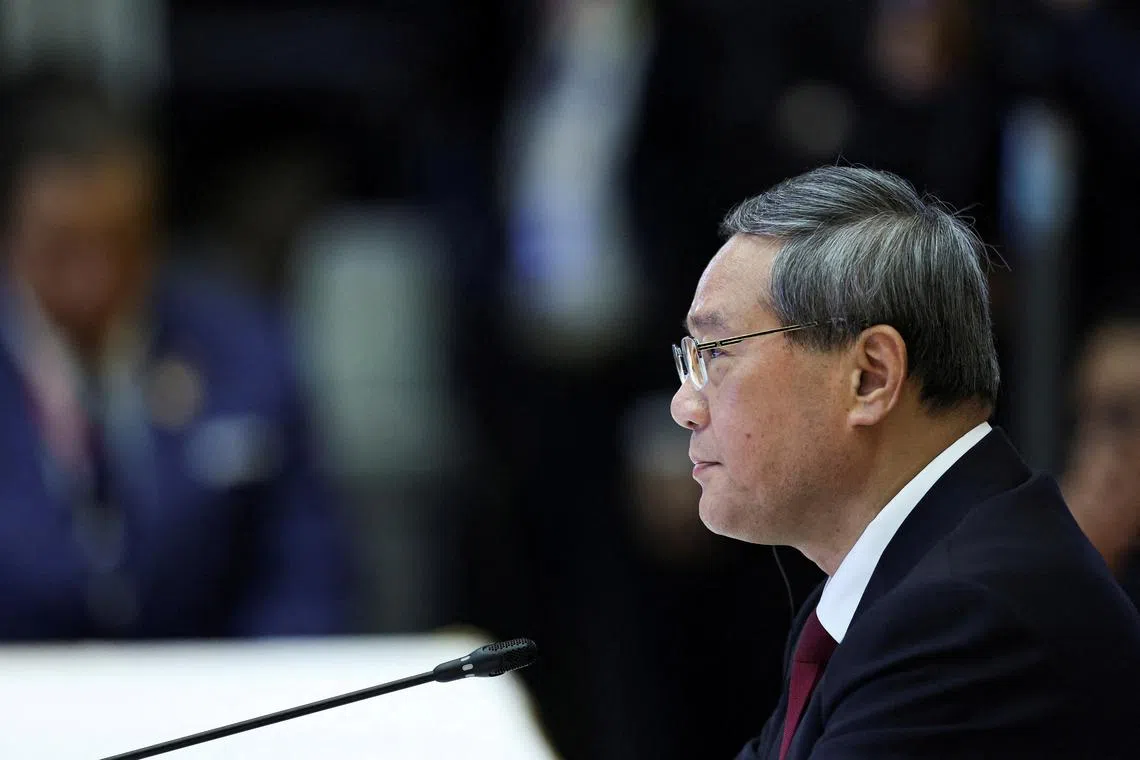 FILE PHOTO: Chinese Premier Li Qiang attends the 27th ASEAN-China Summit at the National Convention Centre in Vientiane, Laos, October 10, 2024. REUTERS/Athit Perawongmetha/File Photo