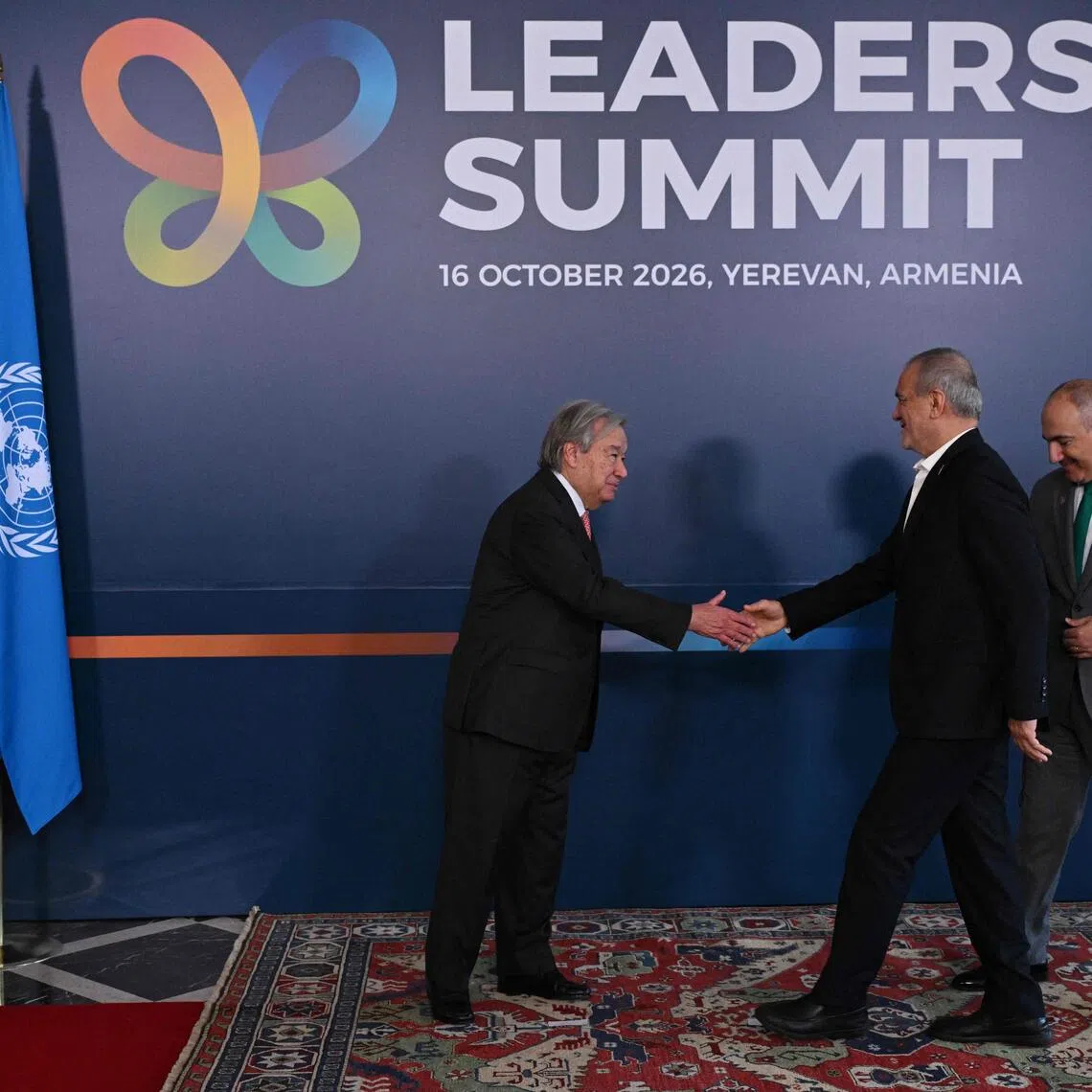 UN chief Antonio Guterres (left) and Armenian Prime Minister Nikol Pashinyan welcome Iranian President Masoud Pezeshkian during the COP 17 leaders’ summit.