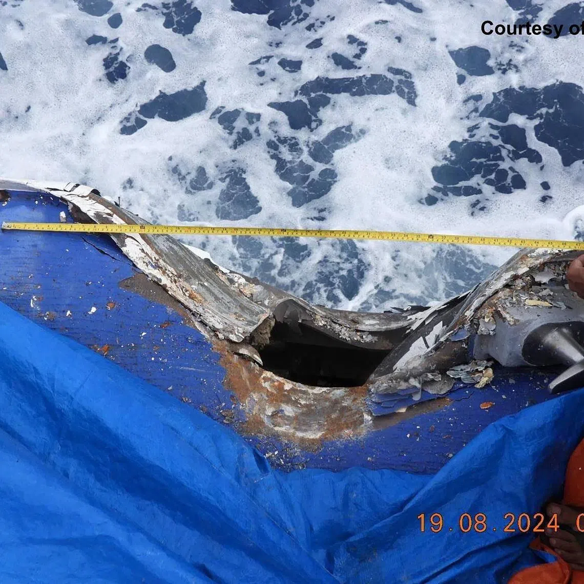 This handout photo taken and released by the Philippine Coast Guard (PCG) on Aug 19. shows damage to the Coast Guard ship BRP Cape Engano (MRRV-4411) following a collision with a Chinese coast guard vessel near Sabina Shoal in disputed waters of the South China Sea.