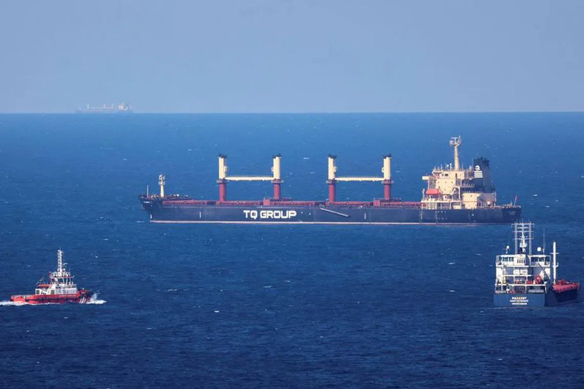 FILE PHOTO: Turkish-flagged bulker TQ Samsun, carrying grain under UN's Black Sea Grain Initiative, is pictured in the Black Sea, north of Bosphorus Strait, off Istanbul, Turkey July 17, 2023. REUTERS/Yoruk Isik/File Photo