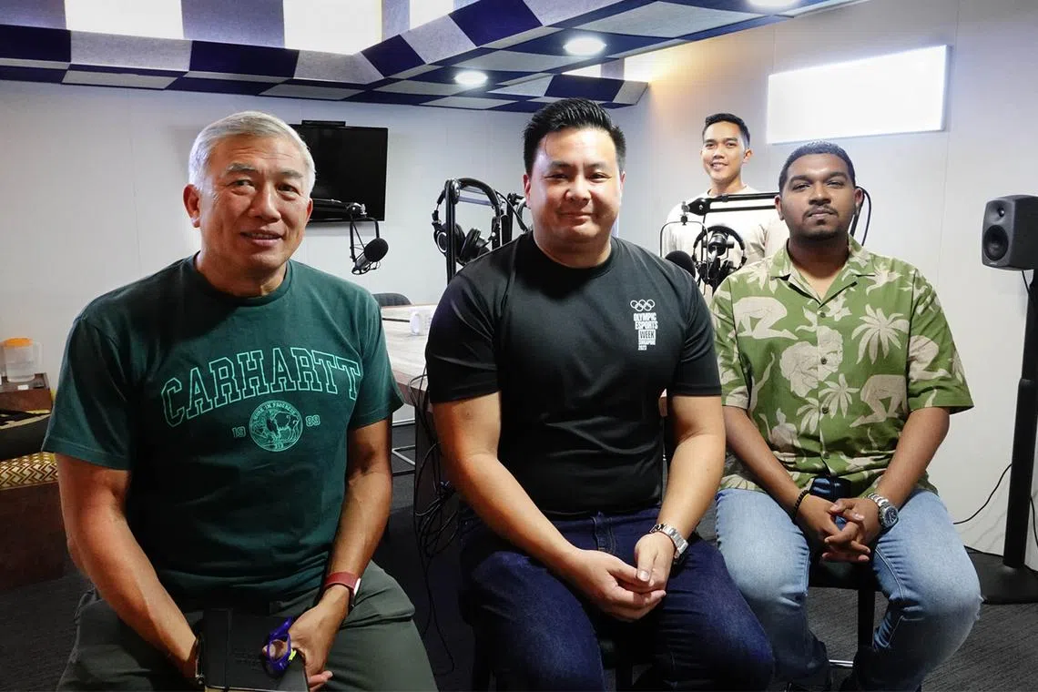 (From left) Former CEO of Sport Singapore Lim Teck Yin and Singapore Aquatics president Mark Chay in ST's podcast studio with podcast producer Amirul Karim and sports reporter Deepanraj Ganesan.