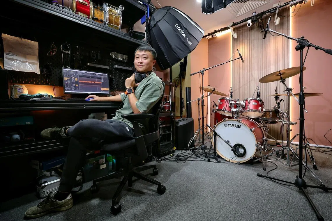 Portrait of Mr Dane Tan, founder of Drum Tannery, in the recording studio of the school on Marine Parade on Nov 5, 2025.