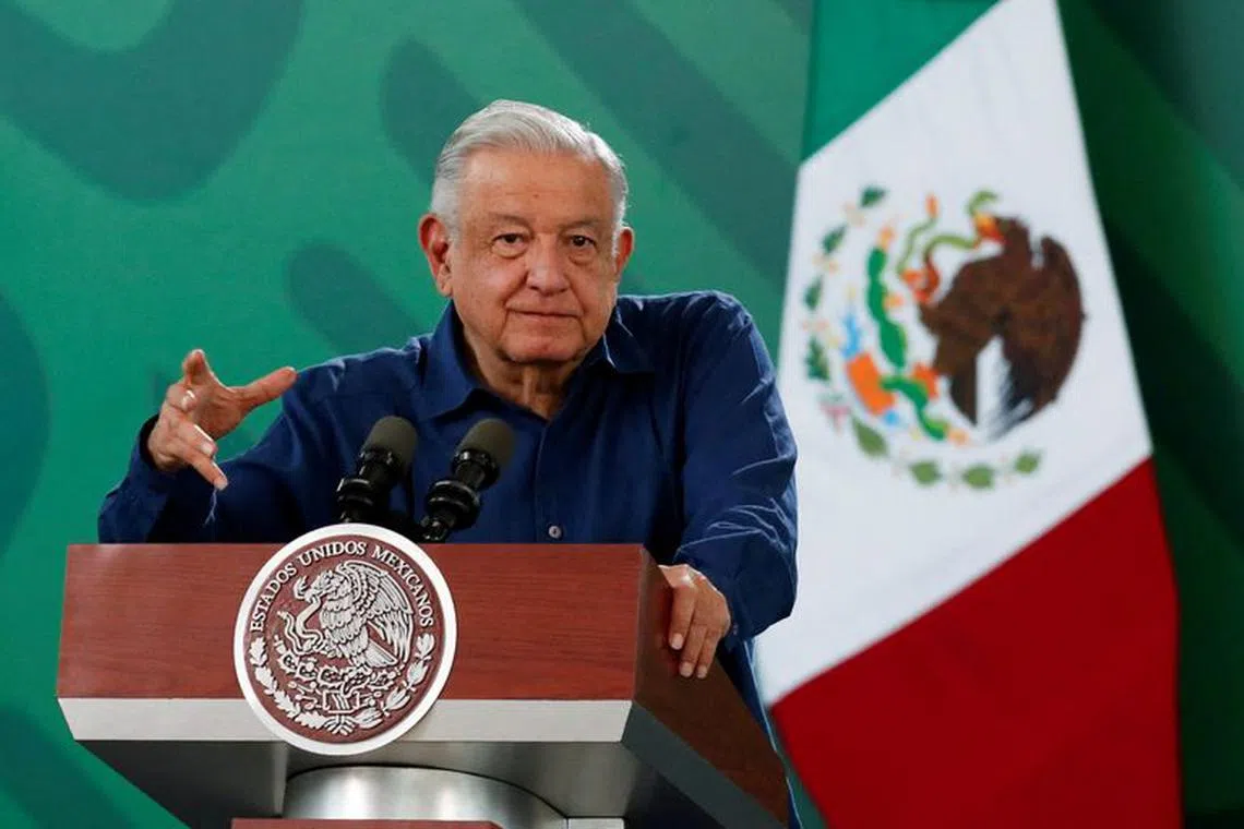FILE PHOTO: Mexico's President Andres Manuel Lopez Obrador speaks during his daily press conference, in Acapulco, Mexico December 20, 2023. REUTERS/Daniel Becerril/File Photo