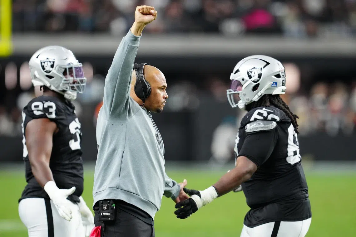 Dec 22, 2024; Paradise, Nevada, USA; Las Vegas Raiders head coach Antonio Pierce celebrates after the Raiders made a play against the Jacksonville Jaguars during the third quarter at Allegiant Stadium. Mandatory Credit: Stephen R. Sylvanie-Imagn Images/ File Photo