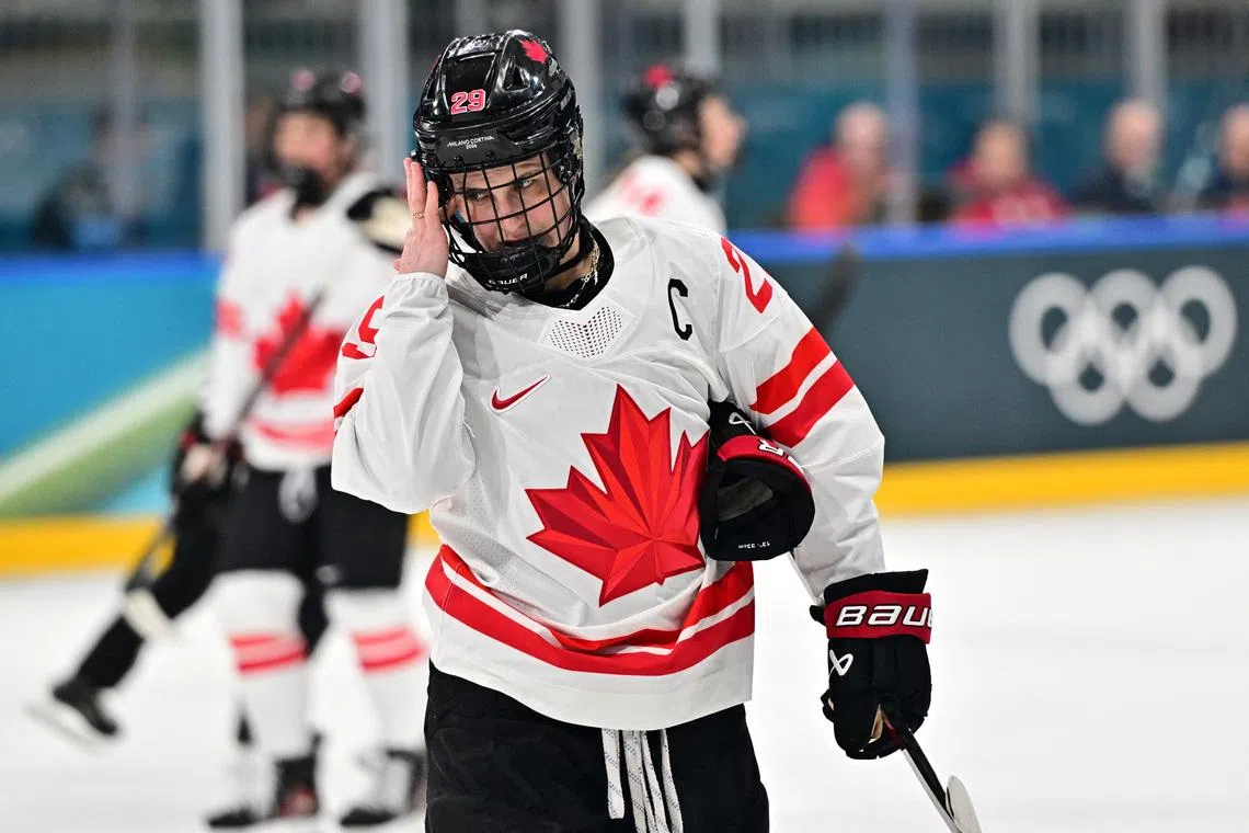 Milano Cortina 2026 Olympics - Ice Hockey - Women's Preliminary Round - Group A - Switzerland vs Canada - Milano Rho Ice Hockey Arena, Milan, Italy - February 07, 2026. Marie-Philip Poulin of Canada reacts REUTERS/Marton Monus
