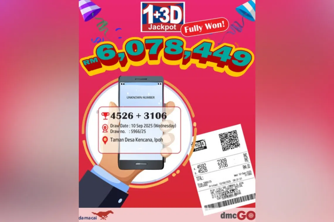 The Sept 10 draw on the Da Ma Cai 1+3D lottery in Ipoh, Malaysia, offered a cash prize of RM6,078,449 (S$1.8 million).